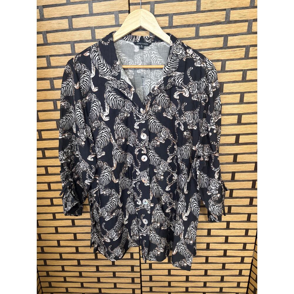 John Mark Black Animal Print Button Down Ruched Sleeve Top Size XL